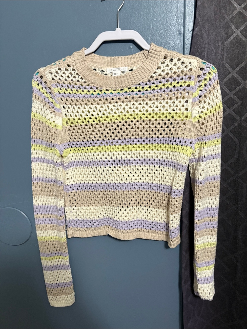 Open-Knit Striped Crewneck Sweater - Beige, Lavender & Neon Yellow Cropped